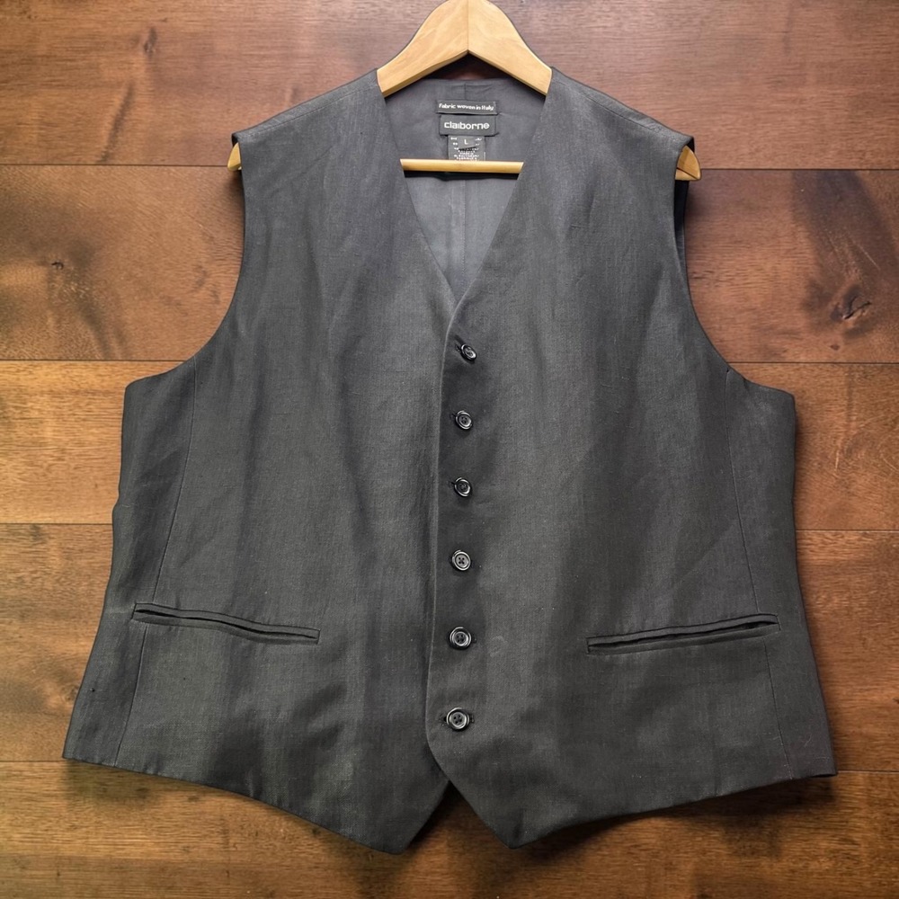 Vintage Claiborne Mens Vest Charcoal Gray Linen Rayon Blend Italian Fabric LARGE